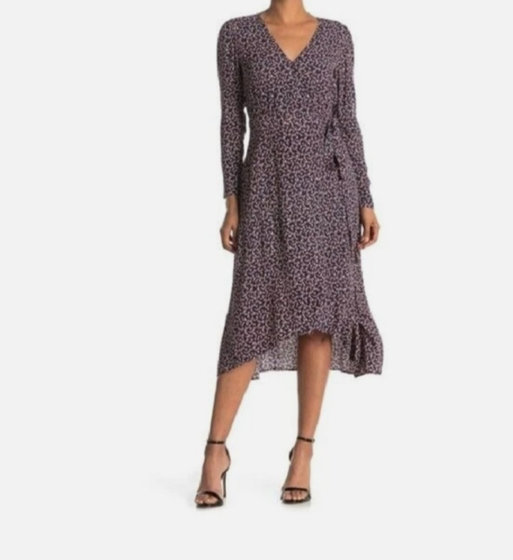 BA&SH Womens Long Sleeve V Neck Printed Gin Wrap Midi Dress Size Small Classic